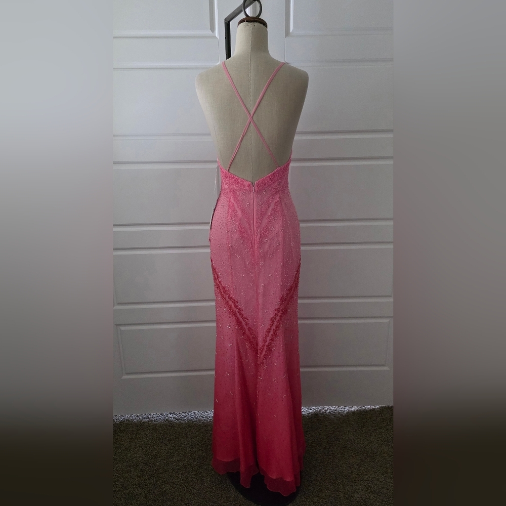 Pink Ombre Beaded A-line Halter Evening Gown - Picture 5 of 10